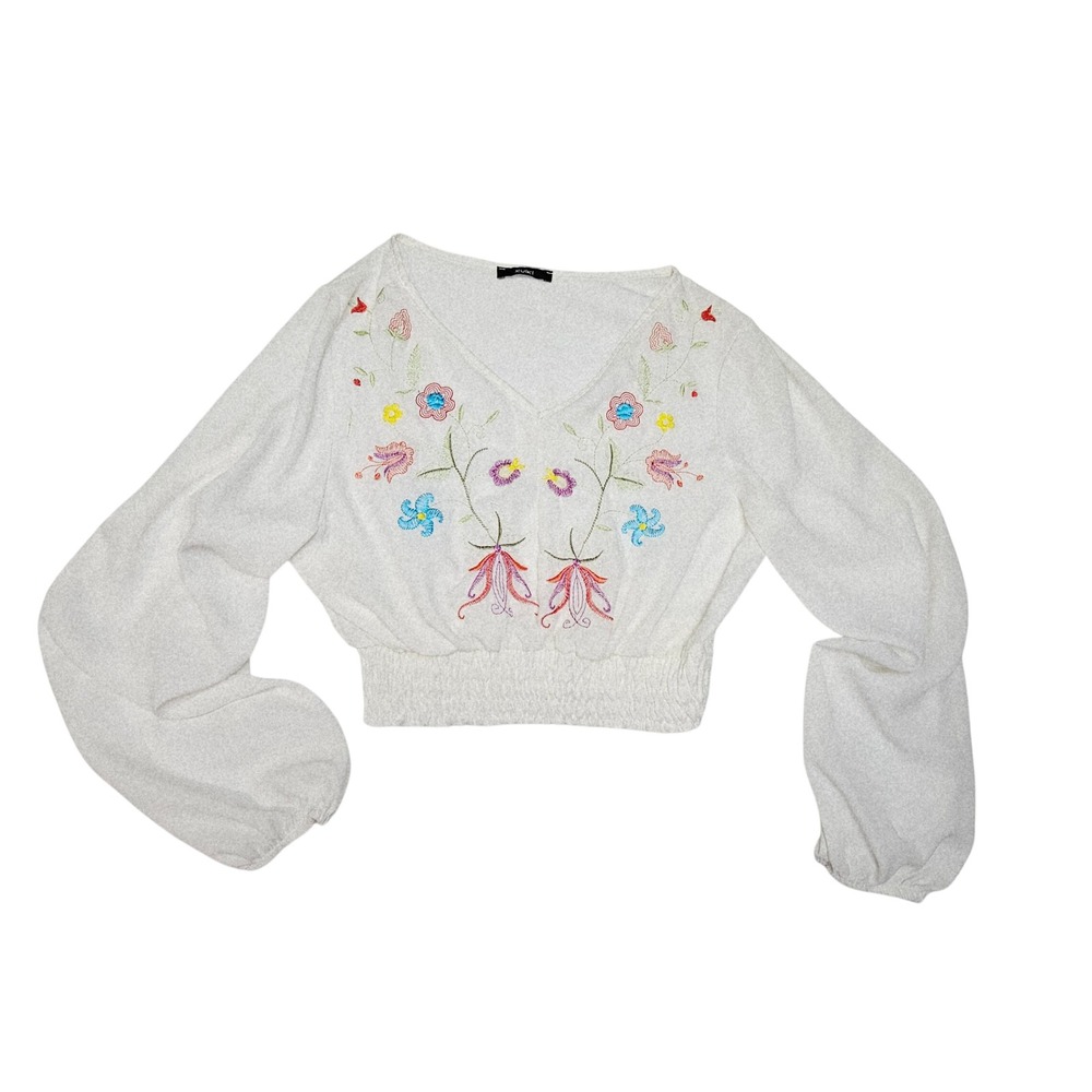 Zuiki White Floral Embroidered Smocked Crop Top Small Boho‎ Cottagecore Festival